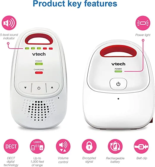 VTech Baby BM1000 Digital Audio Baby Monitor, White/Red