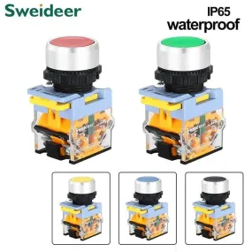 Waterproof Push Button Switch 22mm Momentary Reset Self Locking Power Button Switch 10A 1NO 1NC Red Green Yellow Blue White